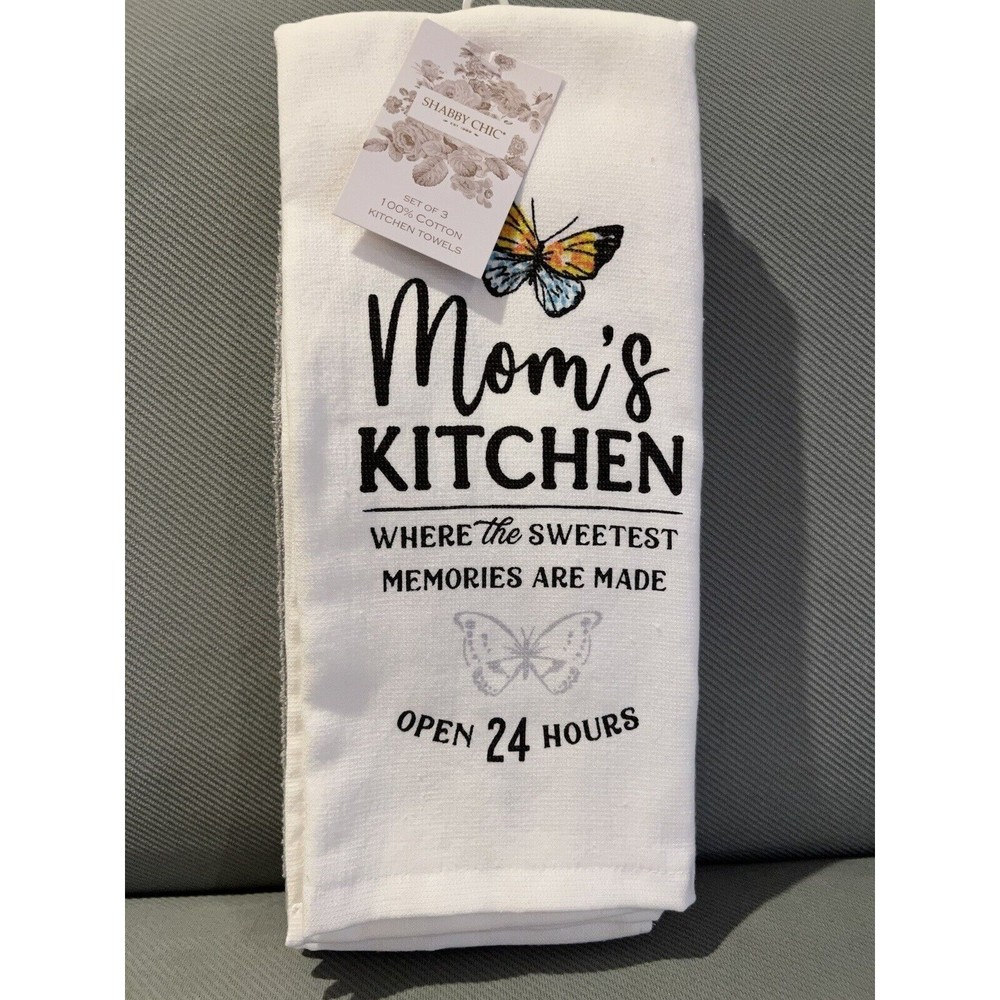 Shabby Chic MOM’s KITCHEN 3 PC Hand Towels Butterfly Cotton Mothers Day Gift NEW